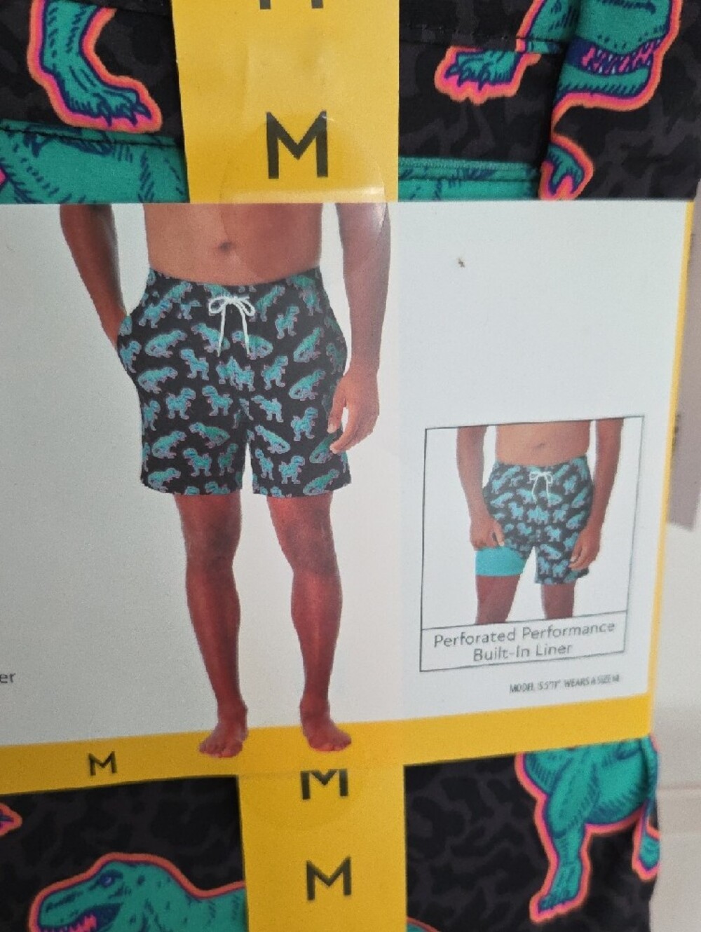 Member's Mark NWT Men’s Resort Swim Trunks - Black with Teal Dino Print (M) - Picture 3 of 6